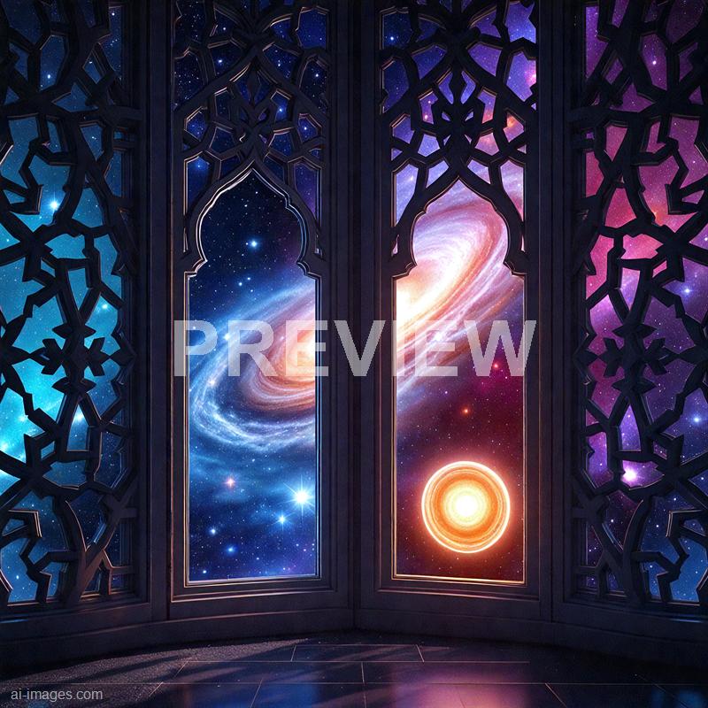 The image depicts a large, ornate window with intricate geometric latticework framing views of the cosmos. Through the window, a stunning view of space is visible, featuring a bright, swirling galaxy with a glowing core, a vibrant nebula with hues of purple and pink, and a radiant, fiery star shining brightly. The scene combines the elegance of the window's design with the vast, colorful expanse of outer space beyond.